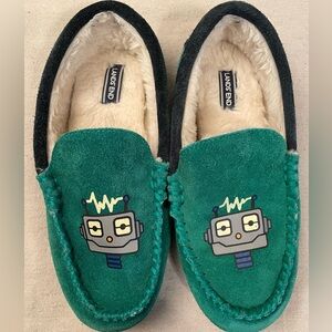 Lands' End Youth Size Green Suede Slippers with Robot Design